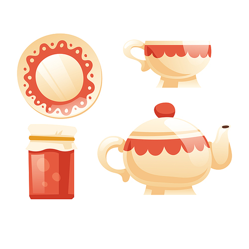 Tea set with cup, kettle, saucer and jam jar. Vector cartoon icons of ceramic mug, teapot and plate with wavy red pattern. Vintage porcelain crockery isolated on white 