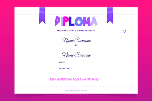 Kids diploma template, book gift certificate, preschool or kindergarten graduation border design with colorful typography on white and pink background with purple ribbons Cartoon vector illustration
