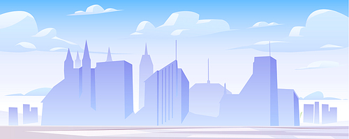 Urban cityscape panoramic banner vector cartoon illustration with buildings silhouette, city skyline with skyscraper and tower architecture, megapolis landscape, town scenic background with clouds