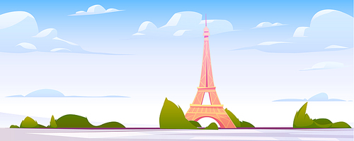 Paris nature landscape vector cartoon illustration with famous landmark, Eiffel Tower and skyline background, horizontal banner with blue cloudy sky, panoramic view