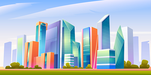 Urban cityscape panoramic banner vector cartoon illustration with buildings, city skyline with skyscraper and tower architecture, megapolis landscape, town scenic background with clouds