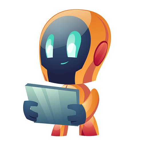 Robot hold tablet isolated on white . ai chatbot hotline operator advise client, online global technical support, cyborg artificial intelligence consulting people Cartoon vector illustration