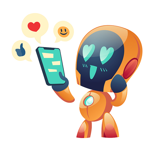 Robot or chatbot with smartphone in hand communicate in networks having love conversation online. Ai dating website technology, artificial intelligence digital innovation. Cartoon vector illustration