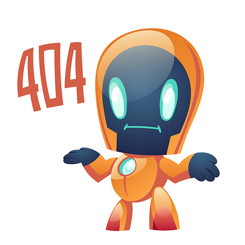 404 error with robot say page not found. Confused ai cyborg shrug and informing about lost server connection problem. Computerized broken links detection and notification Cartoon vector illustration