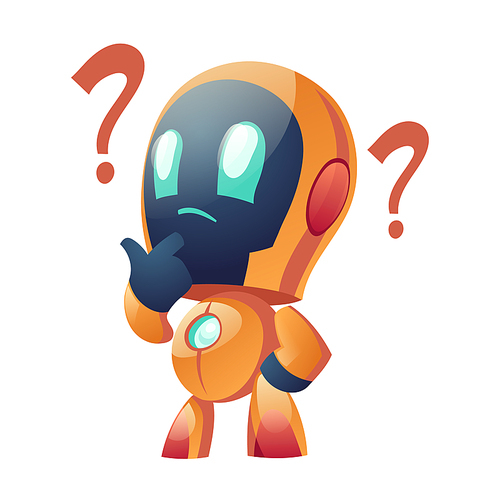 Chatbot with question marks, thoughtful ai robot faq customer support, answering and online consultation. Future innovation, artificial intelligence digital technology, Cartoon vector illustration