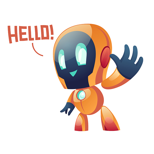 Robot say hello and waving hand to user, cute friendly ai chatbot customer support and online consultation Futuristic innovation, artificial intelligence digital technology Cartoon vector illustration