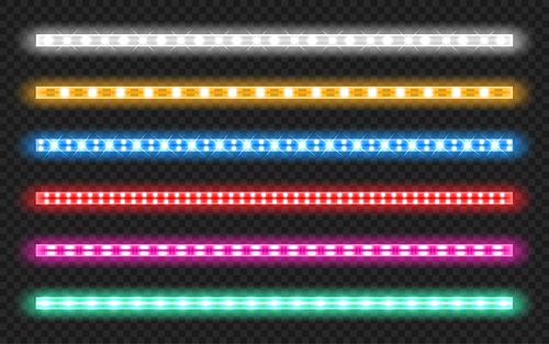 Led strips with neon glow effect isolated on transparent . Vector realistic set of colored light stripes, glowing tape with red, green, blue and white lamp and diode bulbes