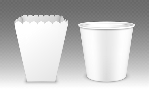 Blank bucket for popcorn, chicken wings or legs white mockup isolated on transparent . Empty pail fastfood , paper hen bucketful design, food boxes rendering, Realistic 3d vector mock up