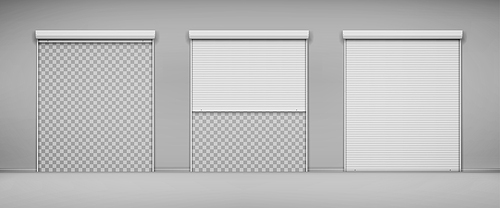 Garage doors, hangar entrances with roller shutters. Warehouse exterior with close and open boxes, Realistic 3d vector storage for car parking or rent, rooms for repair service with metal doorways