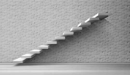 3d stairs, white staircase on brick wall background. Architecture ladder construction for building interior or exterior decoration. Way to business career success, Realistic vector illustration