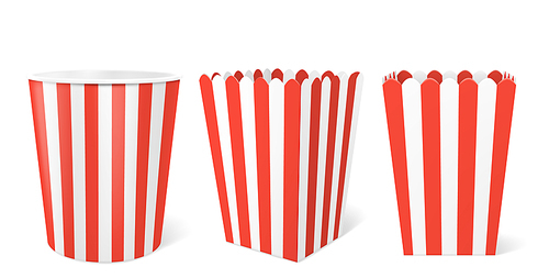 Striped paper box for popcorn isolated on white . Vector realistic mock up of empty white and red bucket for pop corn, blank square and round pack for chicken, potato and snack in cinema