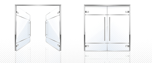 double glass doors with metal  and handles. vector realistic mockup of open and closed doors isolated on transparent background. glass gate, entrance in store, mall or office