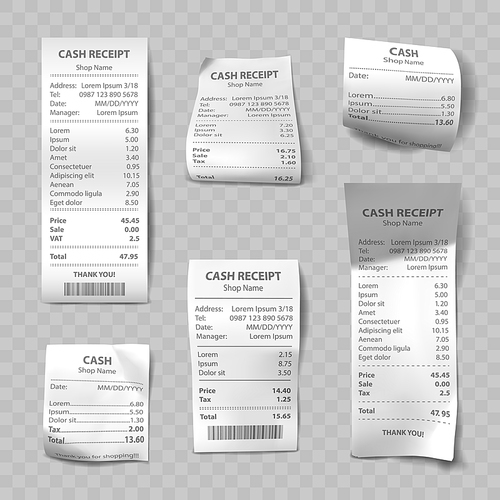 Shop receipt set of realistic isolated vector illustrations. Direct and curled paper payment bills with barcode, goods and their price, tax, Vat and total amount