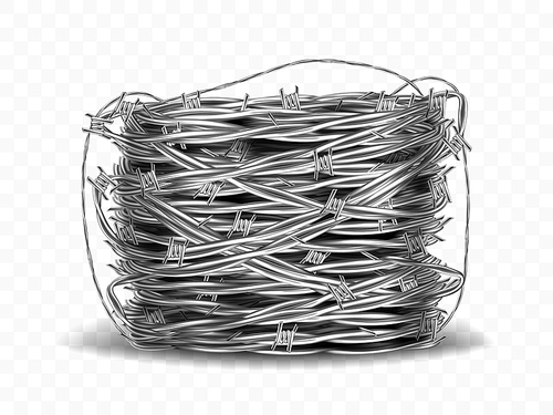 Coil of metal steel barbed wire with thorns or spikes realistic vector illustration isolated on transparent background with shadow. Rolled wire spool, industrial facility
