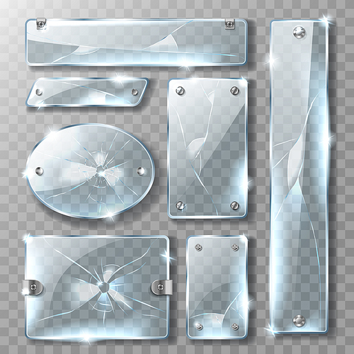 Cracked glass banner or plate with metal mount and bolts, realistic vector illustrations. Blank broken blue acrylic glass panel with steel fastener and cracks isolated on transparent background