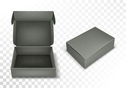 Gray blank cardboard box with flip top, realistic vector illustration. Rectangular caton pack with open and closed hinged lid, isolated on transparent background. Empty gift package