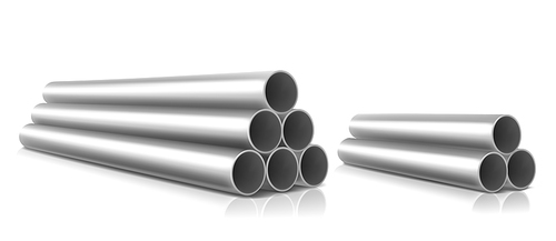 Stack of steel pipes isolated on white . Vector realistic set of straight metal or pvc plumbing cylinders. Industrial pieces of pipelines for conduit, factory or construction