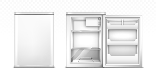 Small refrigerator with open and closed door. Vector realistic mockup of empty mini fridge for kitchen or restaurant. White cooler equipment in front view isolated on transparent 