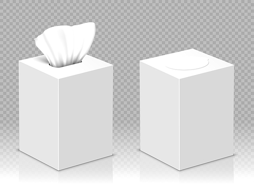 Box with white paper napkins. Vector realistic mockup of blank open and closed cardboard package with facial tissues or handkerchiefs isolated on transparent 