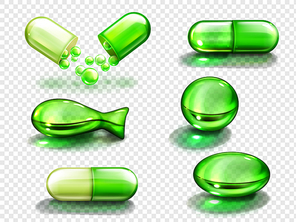Green capsules with vitamin, collagen or medicine. Vector realistic set of medical pill different shapes, food supplement with fish oil, vitamin E, A or Omega 3 isolated on transparent background