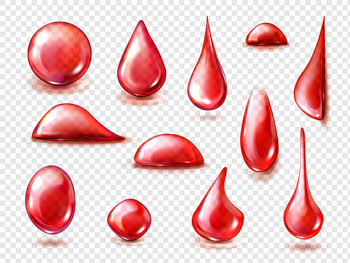 Red drops of red water, wine or blood isolated on transparent background. Vector realistic mockup of liquid drips of strawberry or cherry juice, fruit drink, clear ruby bubbles