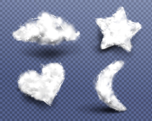 Realistic cotton wool, clouds or wadding balls set isolated on transparent . Smooth soft pieces of white fluffy material, pure fiber in shape of heart, star and moon 3d vector icons, clipart