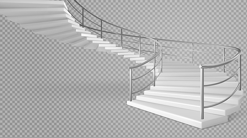 Spiral staircase, white stairs with railings isolated on transparent . Helical round ladder with metal tube banisters and stone steps. Modern interior design Realistic 3d vector illustration