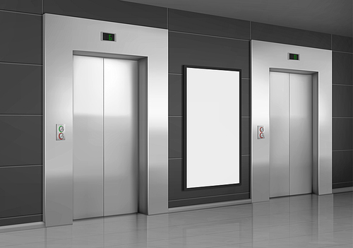 Realistic elevators with close doors and ad poster screen on wall, perspective view mockup. Office or modern hotel hallway, empty lobby interior with lifts and blank display, 3d vector illustration