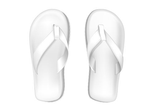 White summer slippers for beach or pool isolated on transparent . Vector realistic mockup of blank flip flops, plastic sandals with thong, rubber shoes for household or sea vacation