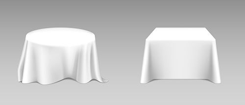 White tablecloth on square and round tables. Vector realistic mockup of empty dining desk with blank linen cloth with drapes for banquet restaurant, holiday event or dinner. Template with fabric cover
