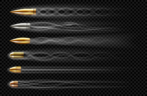 Flying bullets with smoke traces from gun shot. Vector realistic set of bullets different calibers fired from weapon, revolver or pistol with smoke trail isolated on transparent background