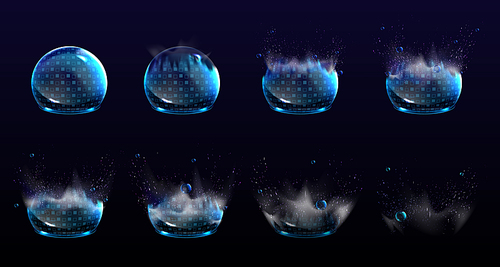 Broken bubble shields, explosion protection force fields. Vector realistic set of stages of safety energy barrier burst. Damaged shine spheres with blue geometric pattern