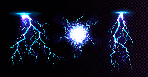 Electric ball and lightning strike, impact place, plasma sphere or magical energy flash in blue color isolated on black background. Powerful electrical discharge, Realistic 3d vector illustration