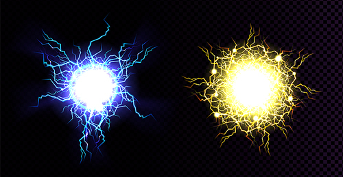 Lightning ball, electric strike impact. Vector realistic set of sparking electrical discharge, blue and yellow flashes of energy burst. Thunderstorm lightning sphere isolated on transparent