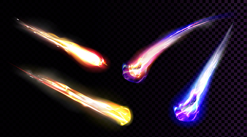 Falling comets, asteroids or meteors with flame trail isolated on transparent background. Vector realistic set of flying glowing meteorites from space, fireballs burning in Earth atmosphere
