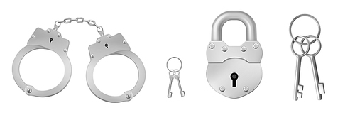 Closed handcuffs and padlock with keys. Concept of police arrest, jail custody. Vector realistic set of metal handcuffs for crime or gang, lock for prison and keys isolated on white
