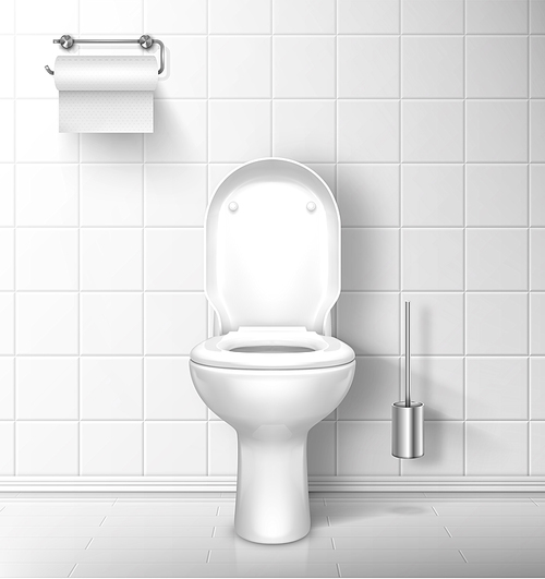 Toilet bowl in bathroom with tiled white wall and floor. Vector realistic interior of restroom, lavatory with open seat lid, paper roll and toilet brush. Illustration of empty modern WC