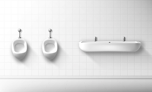 Ceramic urinal and basin in public male toilet. Vector realistic empty interior of restroom for men with white pissoir and long sink hanging on tiled wall. Illustration of washroom, lavatory, WC