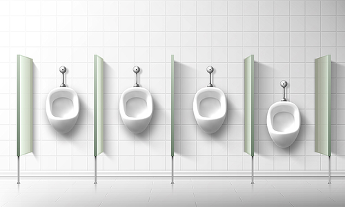 Ceramic urinals in public male toilet. Vector realistic empty interior of restroom for men with white pissoirs hanging on tilled wall and one lower for kids. Illustration of washroom, lavatory, WC