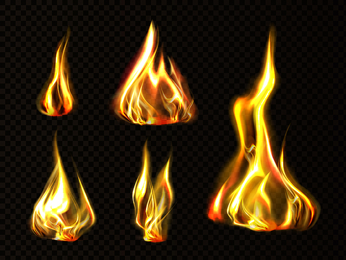 Realistic fire, torch flame set isolated on transparent background. Burning campfire or candle blaze effect, glow orange and yellow shining flare design elements 3d vector illustration, icon, clip art