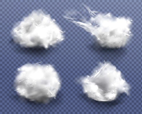 Realistic cotton wool, clouds or wadding balls set isolated on transparent . Smooth soft pieces of white fluffy material, pure fiber close up design elements 3d vector illustration, clip art