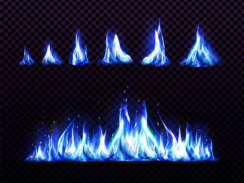 realistic blue fire set for animation, torch flame isolated on transparent background. burning blaze effect, glowing shining flare border or  design element 3d vector illustration, icon, clip art