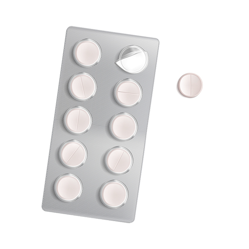 Pill blister pack isolated on white . Vector realistic mockup of foil packaging with round tablets and one pill outside. Blister with drugs, aspirin, painkiller or antibiotic