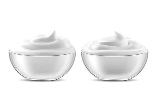 Bowl with sauce, cream, mayonnaise or yogurt. Glass cup with fresh dairy product, creamy cheese, sour or sweet mousse with swirl isolated on white , realistic 3d vector illustration