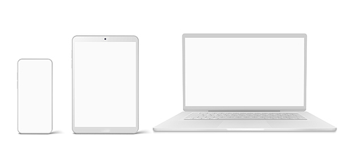 White laptop, tablet and phone with blank screen in front view. Vector realistic mockup of modern digital devices, notebook, smartphone and multi touch tablet isolated on white 