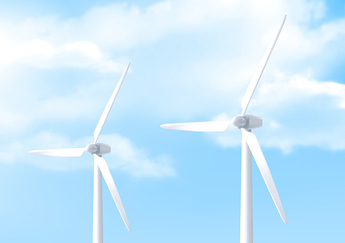 Wind turbine on background of sky. Alternative renewable power generation, green energy concept. Vector realistic illustration of windmills with white vanes and blue sky with clouds