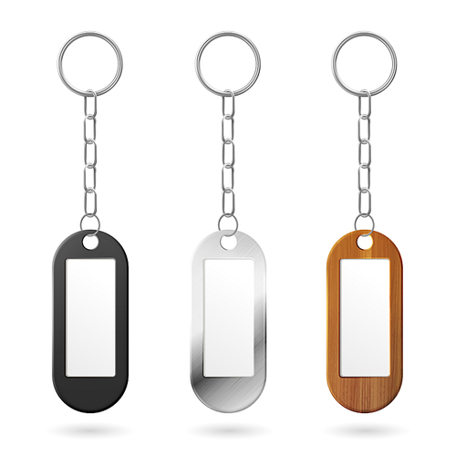 keychain, holder trinket for key with metal chain and ring. vector realistic template of black plastic, silver and wooden fobs with blank label for car, home or office key isolated on white