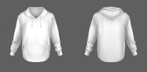 Hoody, white sweatshirt mock up front and back view set. Isolated hoodie with long sleeves, kangaroo muff pocket and drawstrings. Sport, casual or urban clothing fashion, Realistic 3d vector mockup