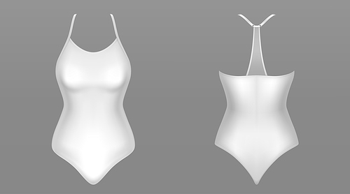 One piece woman swimsuit front and back view. Vector realistic mockup of female beach clothing, suit for swim in sea or pool. White lingerie, beachwear or sport uniform isolated on gray 