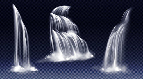 Waterfalls isolated on transparent . Vector realistic river water fall with cascade, splash and fog. Set of liquid streams, flow of pure aqua, shower or rain
